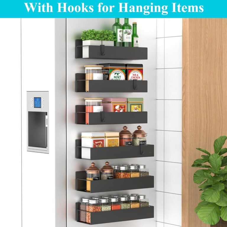 Magnetic Fridge Spice Rack – HuggieGems 6-Pack Heavy-Duty Refrigerator Organizer 1 Magnetic fridge spice rack organizer mounted on refrigerator for small kitchen storage